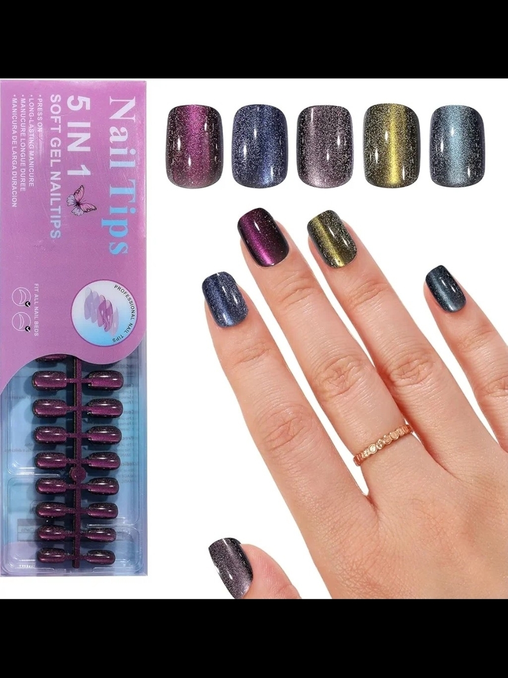 150 Cats Eye Nail Tips 5-in-1 Soft Gel Press-On Nails - Multicolor
